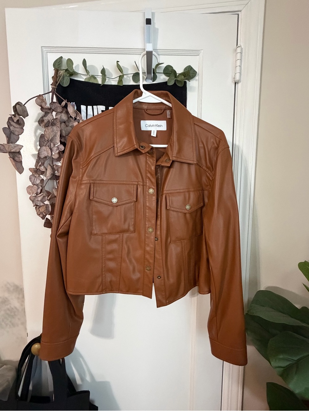 Calvin Klein Cropped Tan Faux Leather Jacket